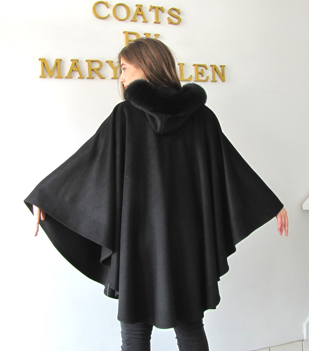 Ella Hooded Cape - 50% Cashmere & Wool Blend - Genuine Fox Trim
