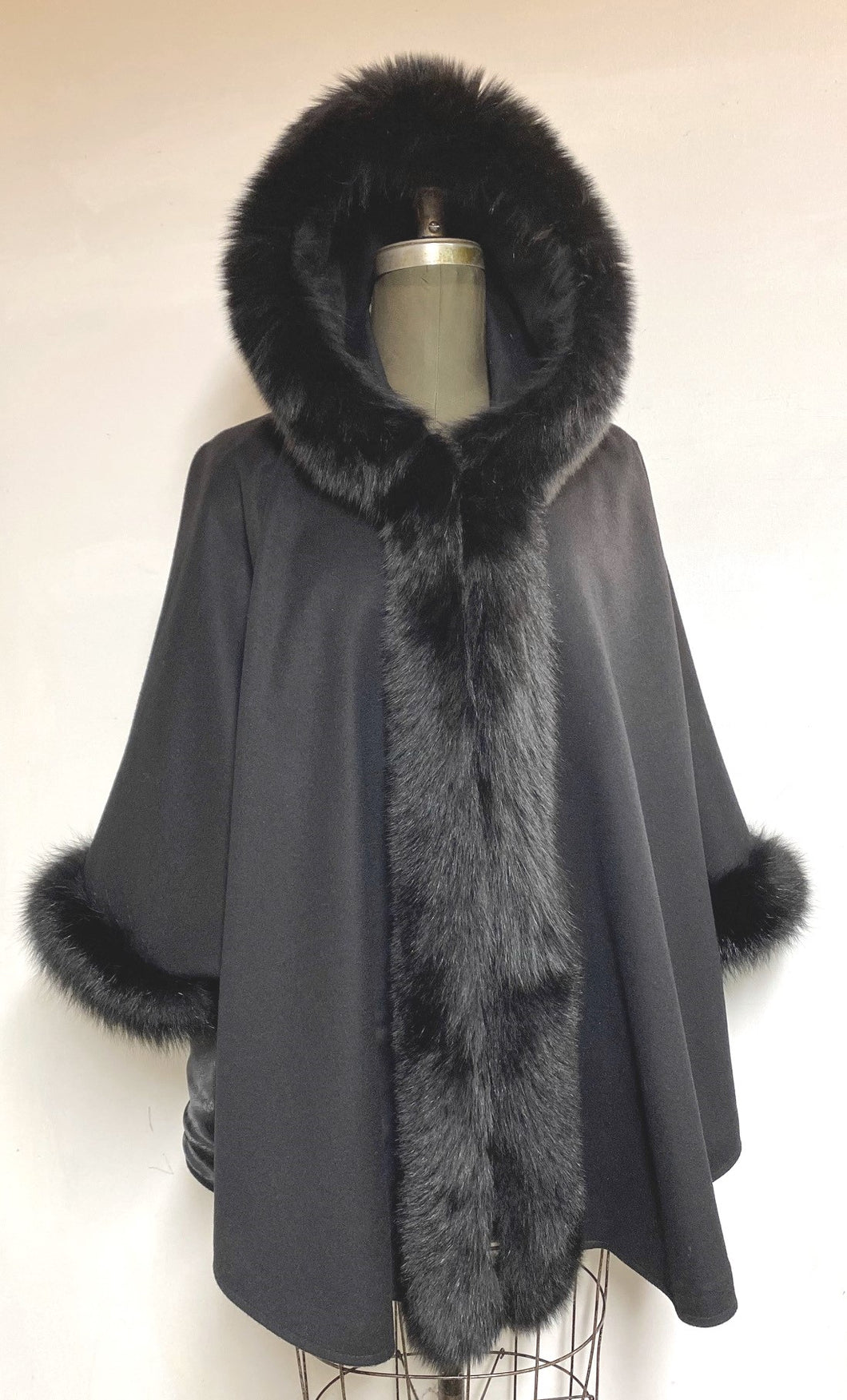 Ella Hooded Cape - 50% Cashmere & Wool Blend - Genuine Fox Trim